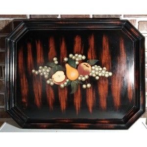 Vintage Toleware Wood Tray Hand Painted Fruit Pears,Apples,Grapes 25"